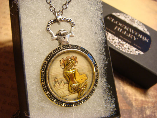 Mermaid over Map Pocket Watch Pendant Necklace