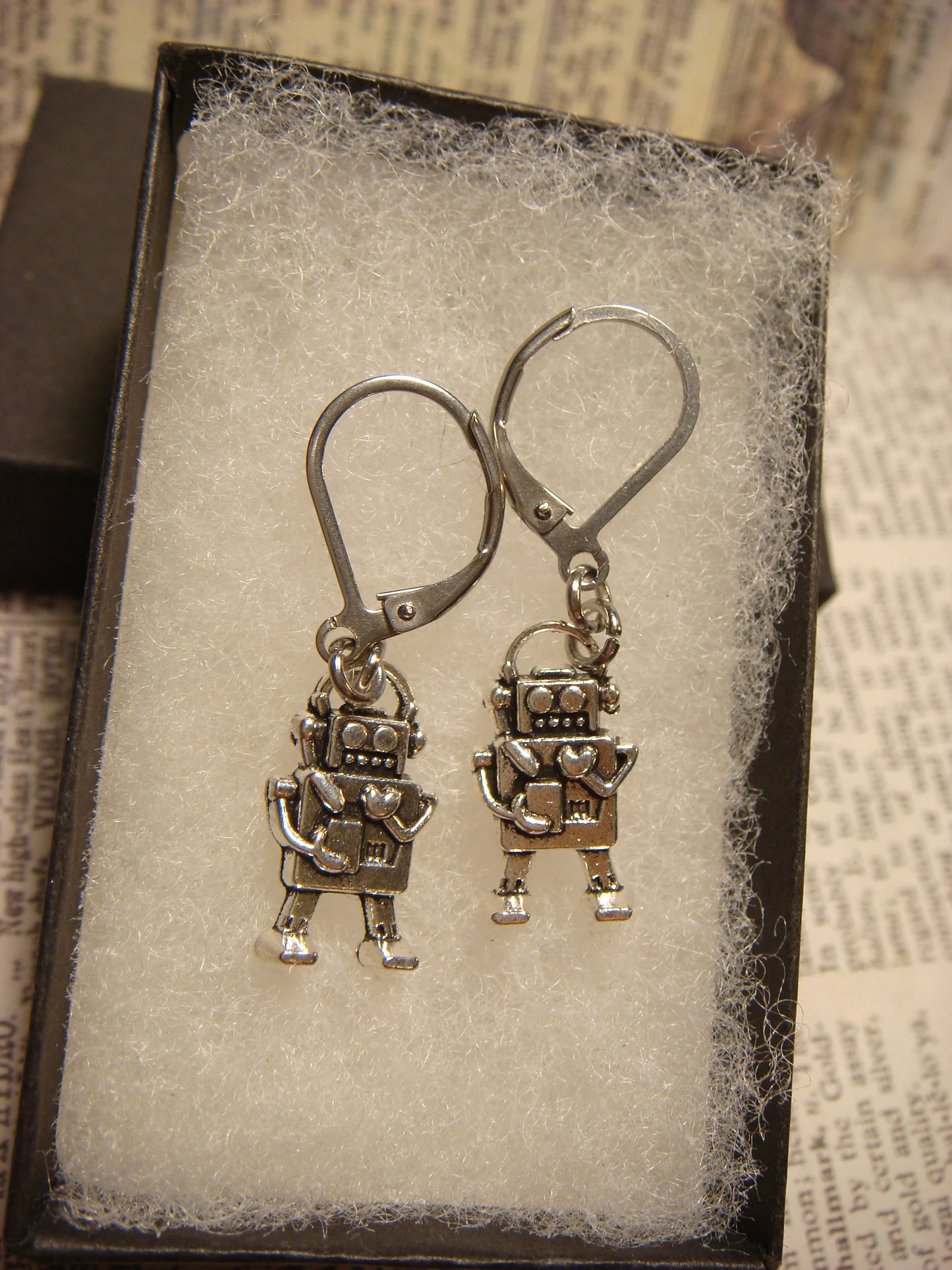 Robot Dangle Earrings in Antique Silver