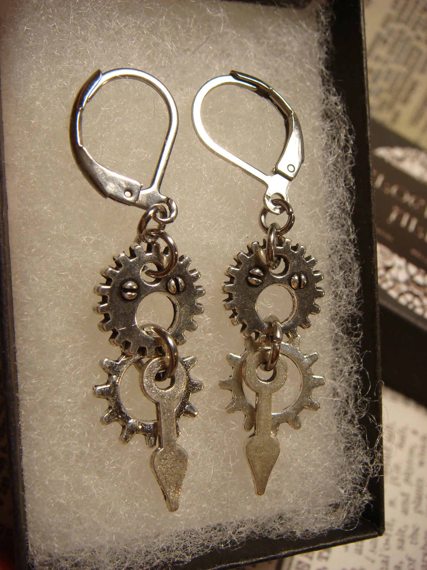 Gears and Watch Hands Dangle Earrings in Antique Silver