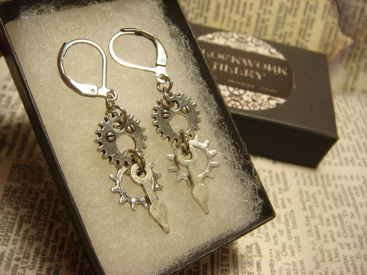 Gears and Watch Hands Dangle Earrings in Antique Silver