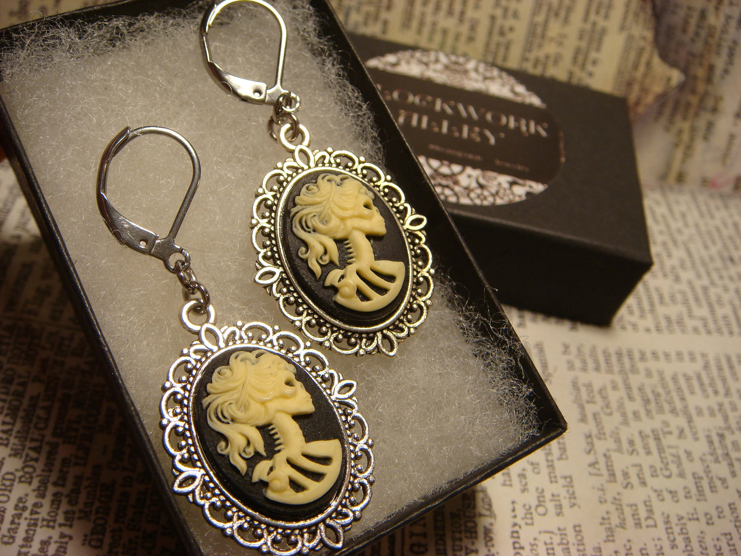 Cameo Skeleton Dangle Earrings in Antique Silver