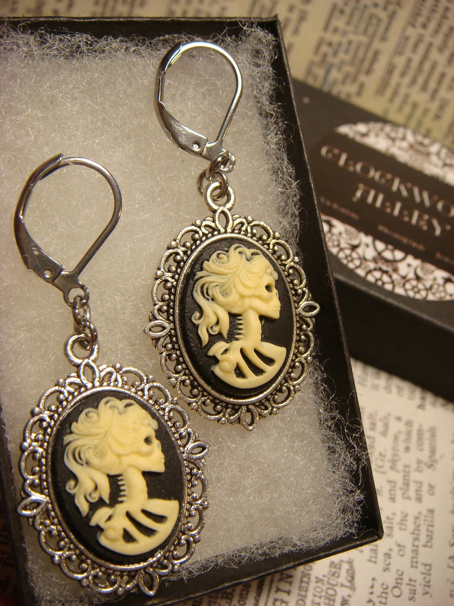 Cameo Skeleton Dangle Earrings in Antique Silver