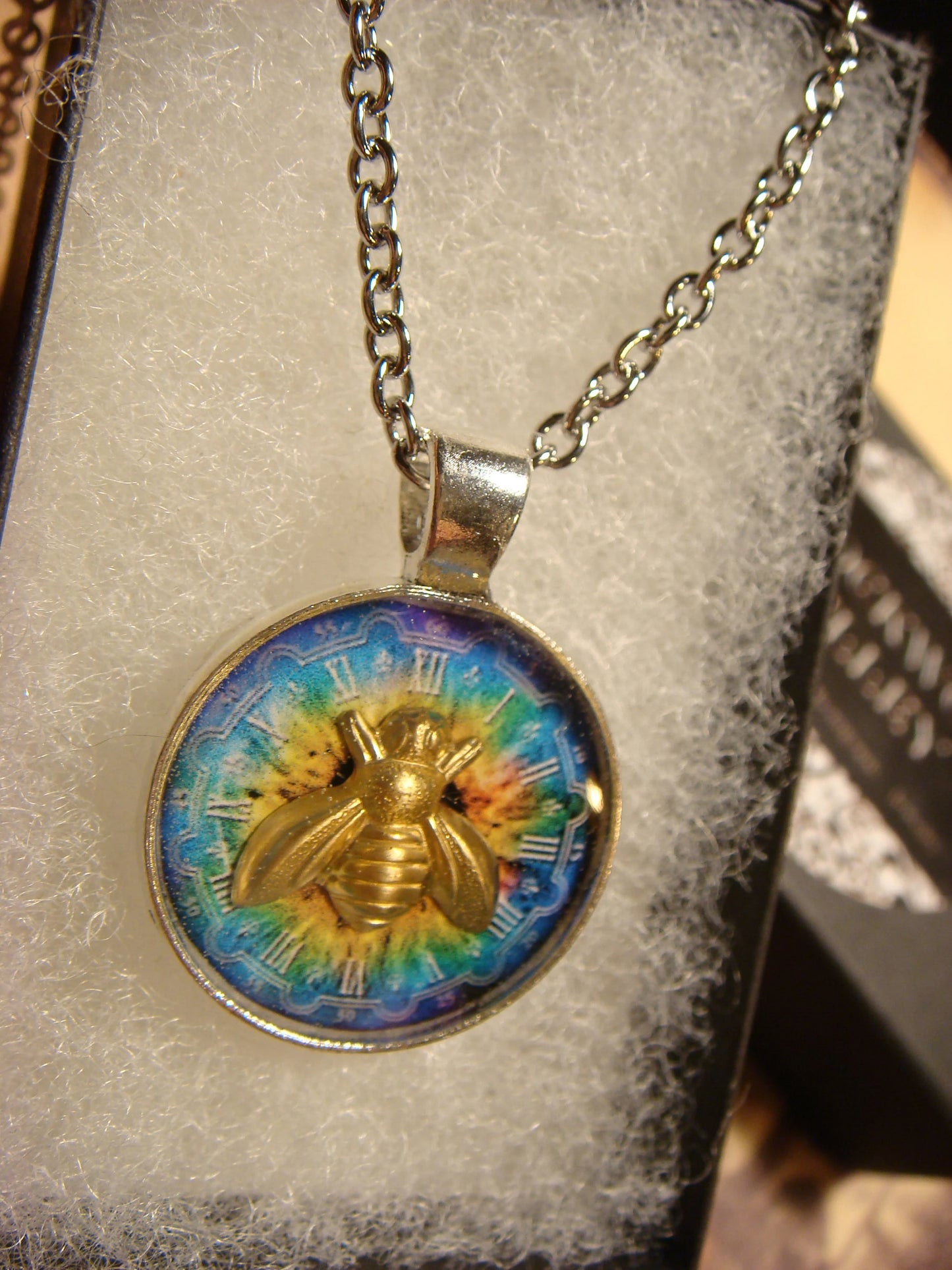 Bee over Colorful Clock Small Pendant Necklace