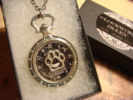 Paw over Clock Pocket Watch Pendant Necklace