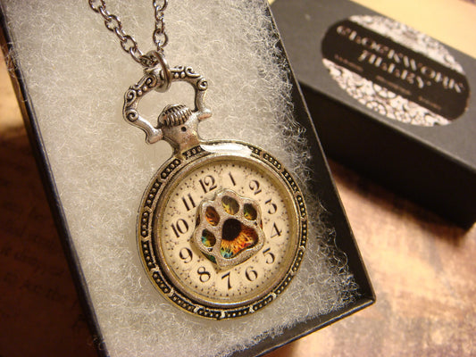 Paw over Clock Pocket Watch Pendant Necklace