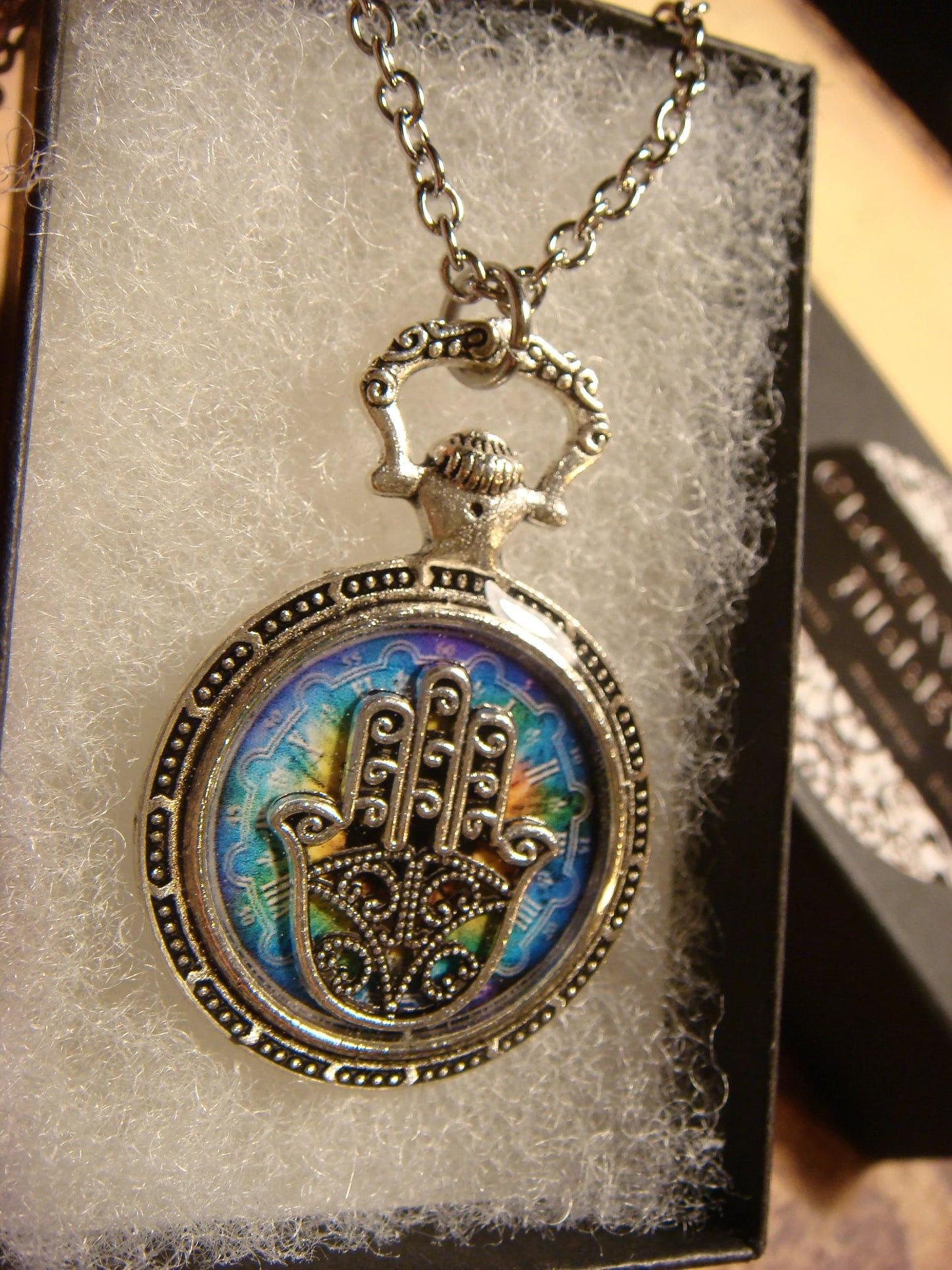 Hamsa over Colorful Clock Pocket Watch Pendant Necklace