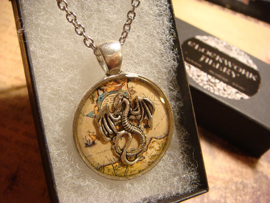Dragon over Map Pendant Necklace