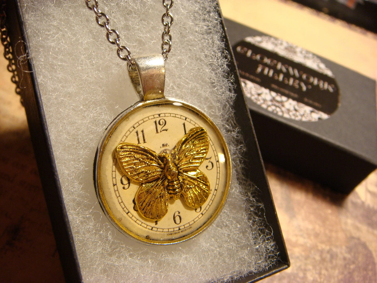 Butterfly over Clock Pendant Necklace