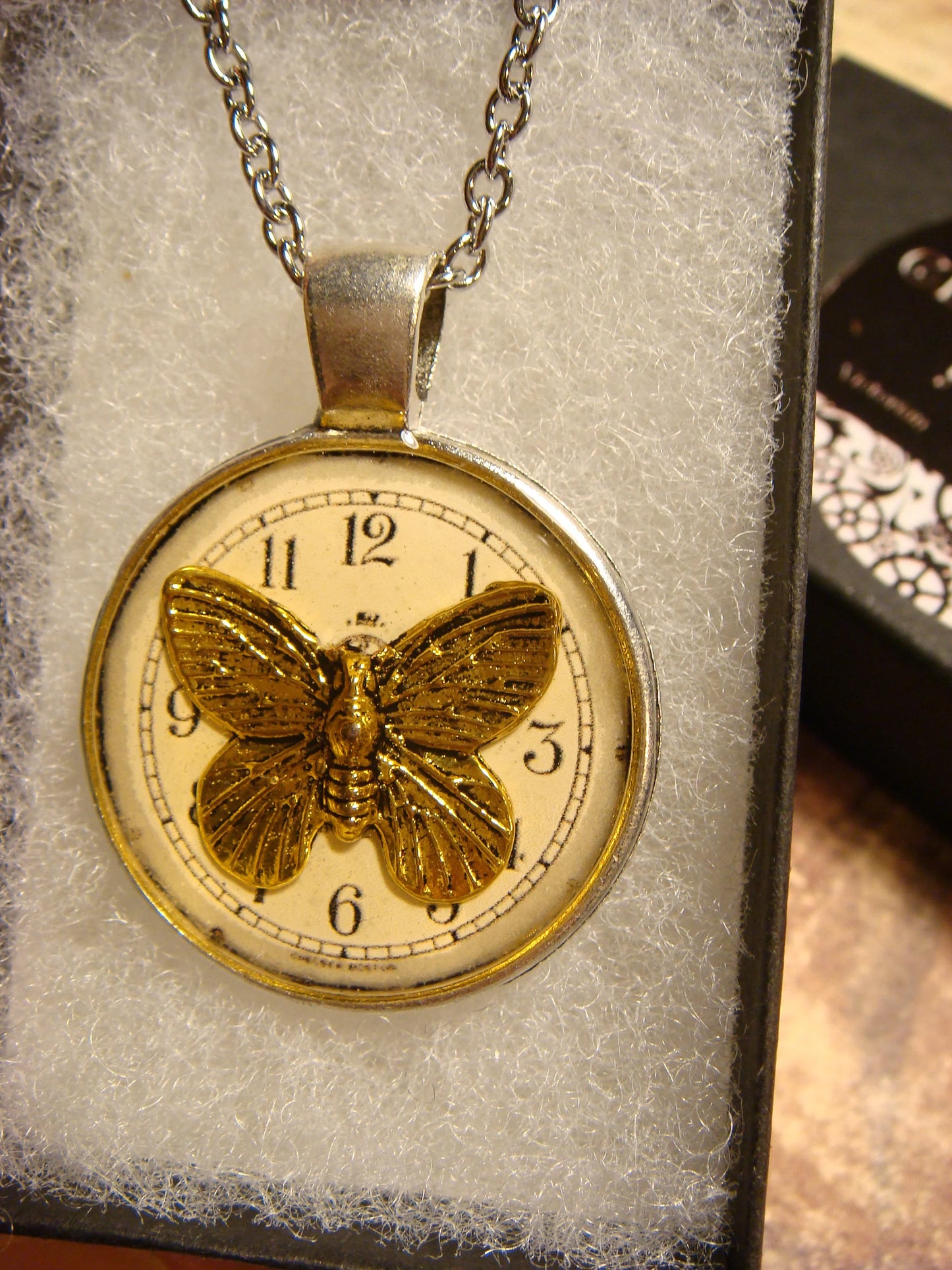 Butterfly over Clock Pendant Necklace