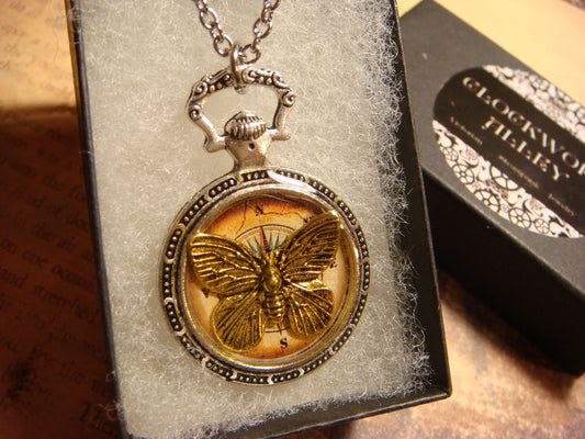 Butterfly over Compass Pocket Watch Pendant Necklace