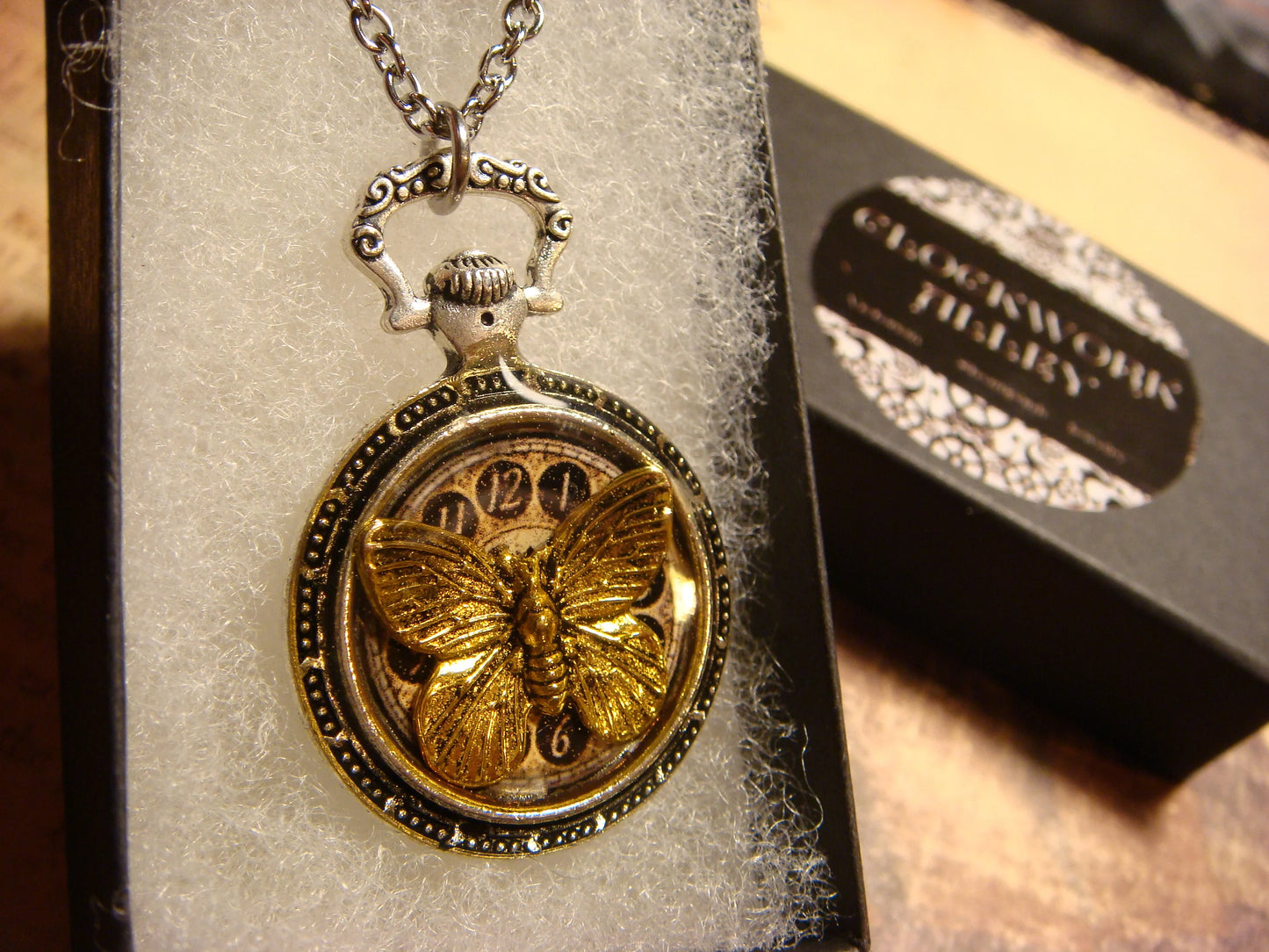 Butterfly over Clock Pocket Watch Pendant Necklace