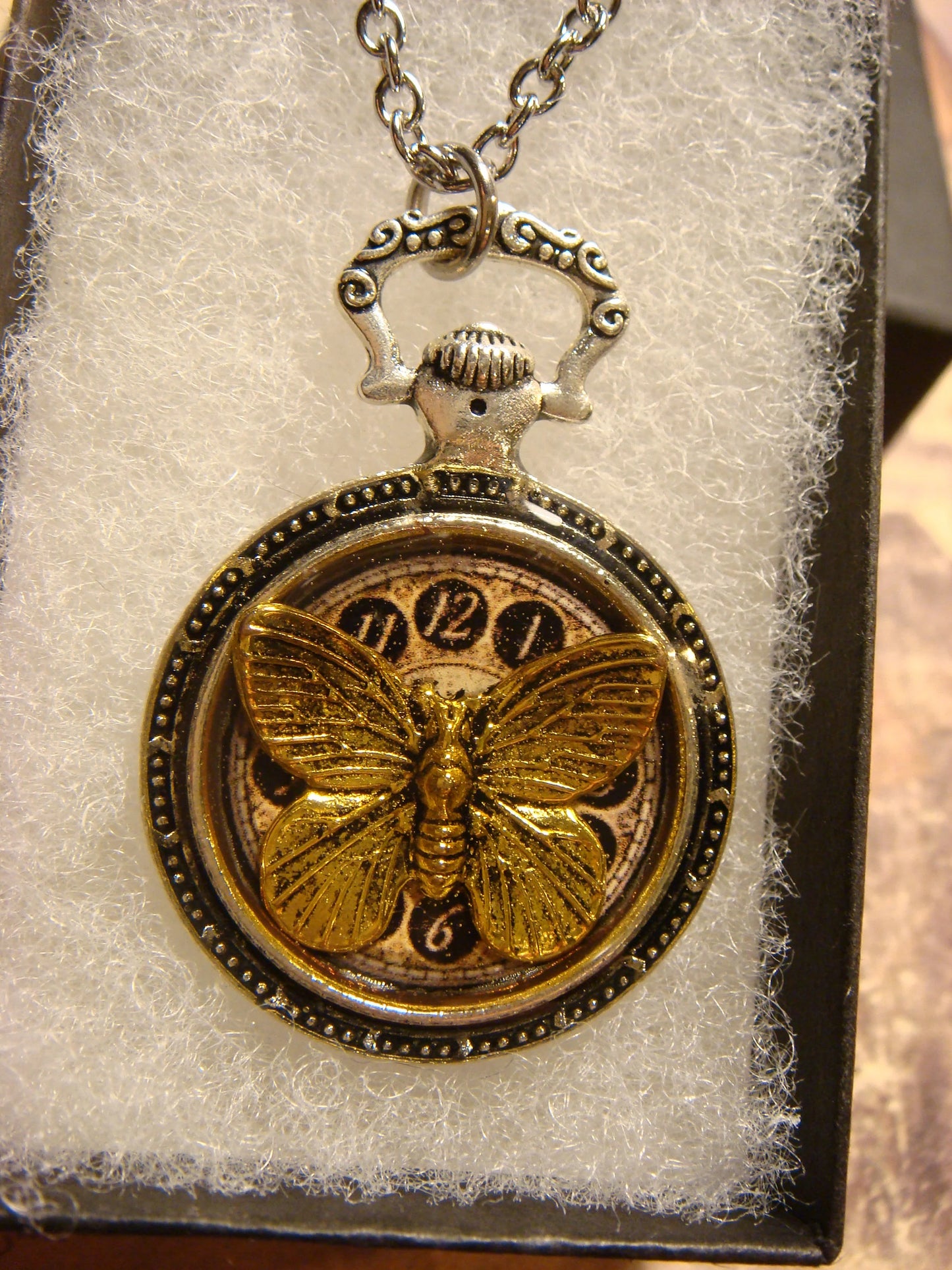 Butterfly over Clock Pocket Watch Pendant Necklace