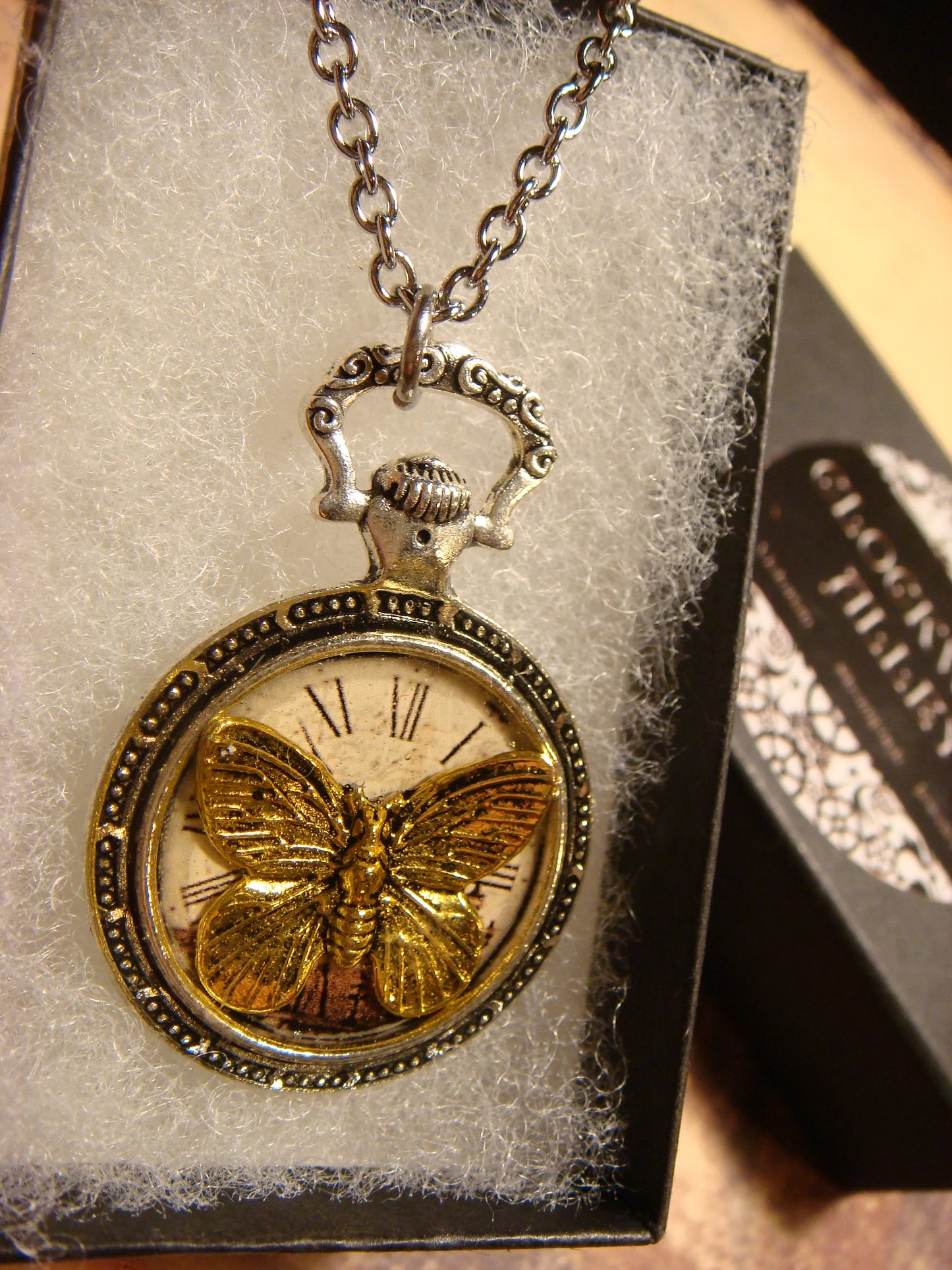 Butterfly over Victorian Clock Pocket Watch Pendant Necklace