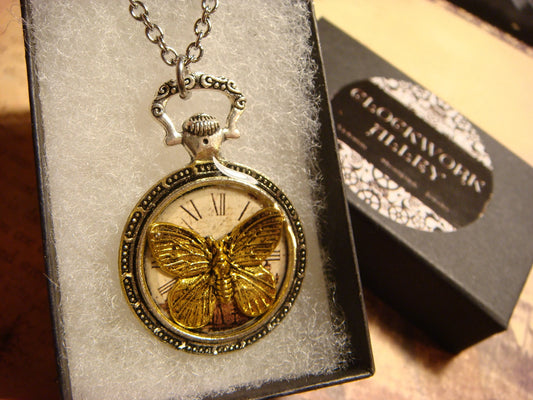 Butterfly over Victorian Clock Pocket Watch Pendant Necklace