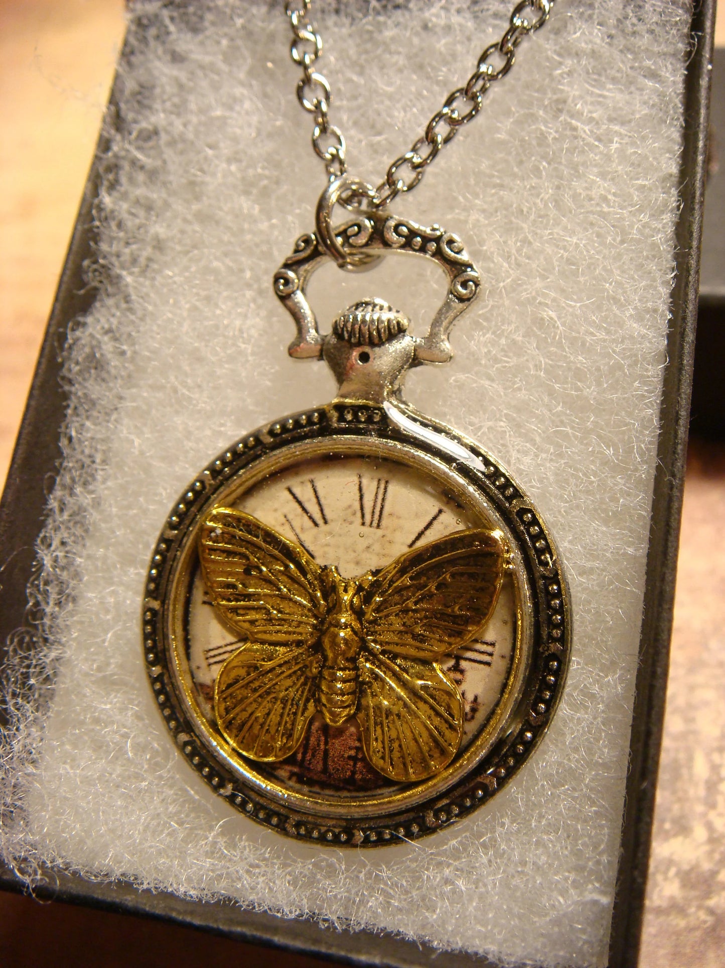 Butterfly over Victorian Clock Pocket Watch Pendant Necklace