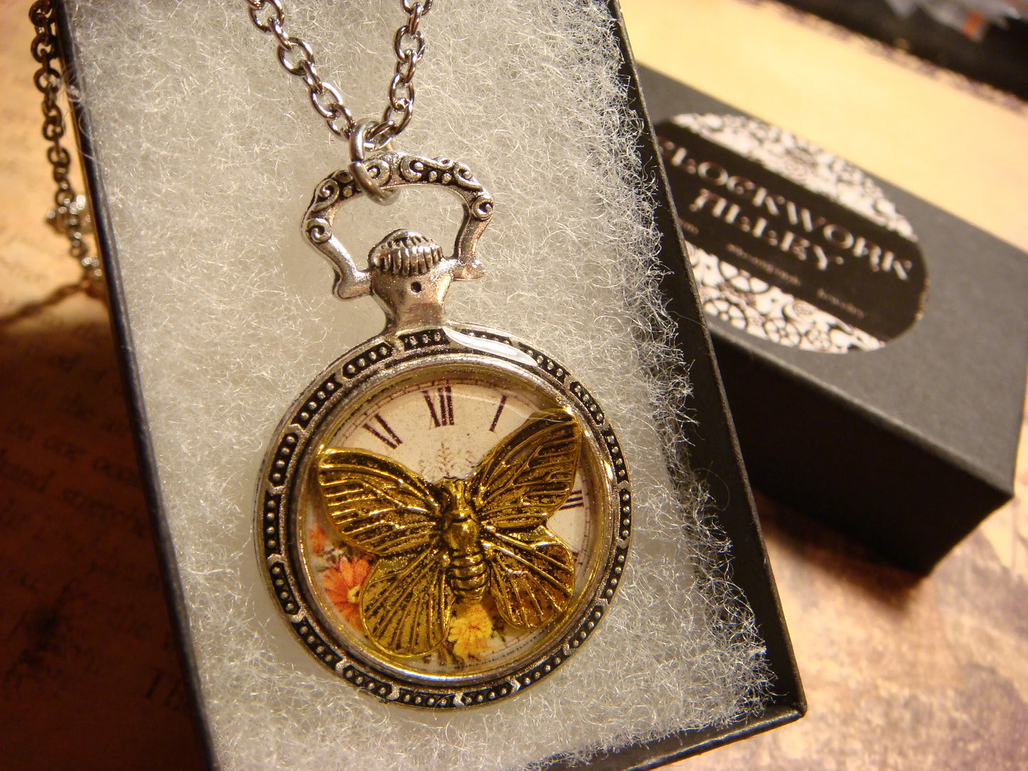 Butterfly over Floral Clock Pocket Watch Pendant Necklace