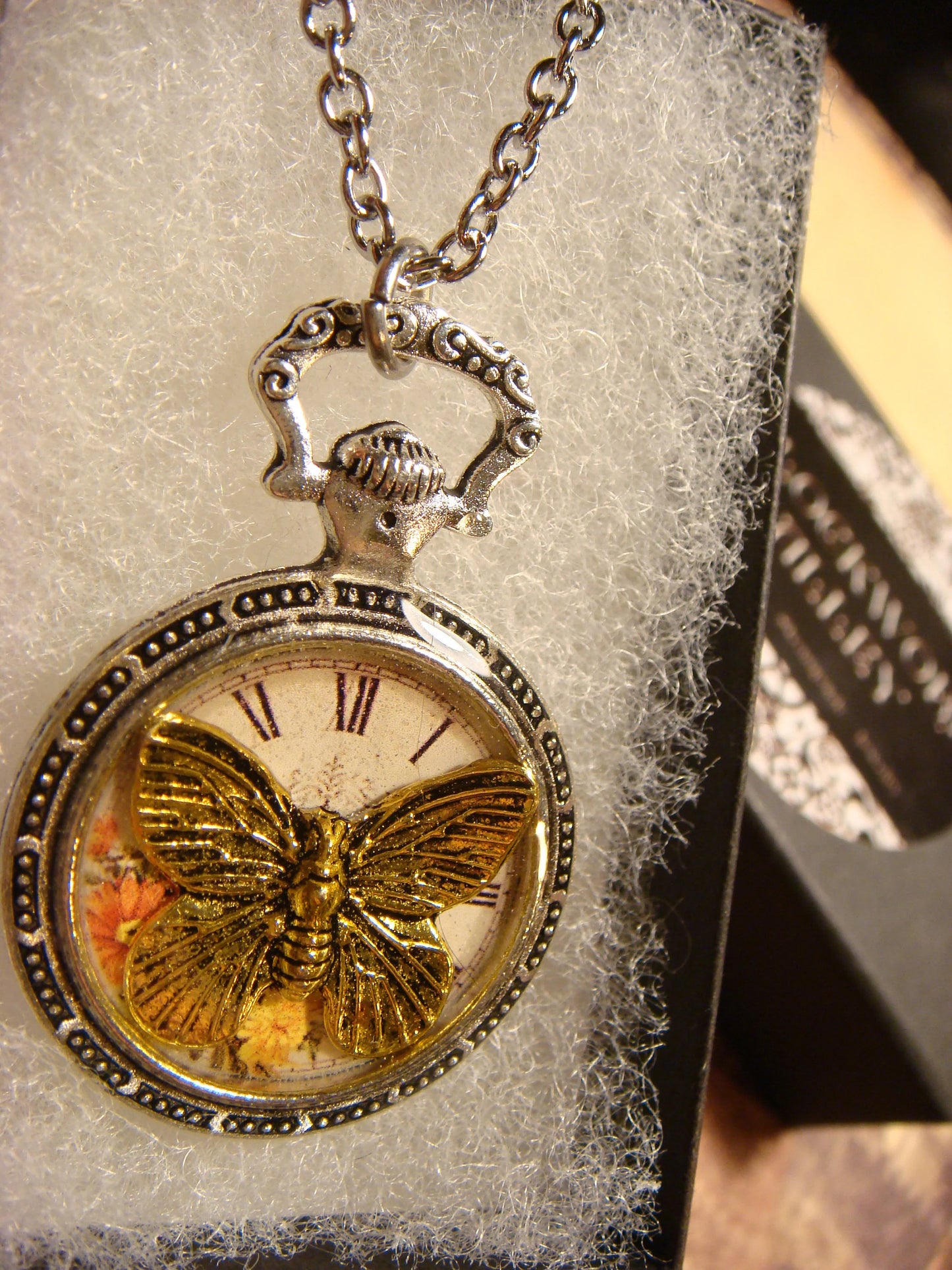 Butterfly over Floral Clock Pocket Watch Pendant Necklace