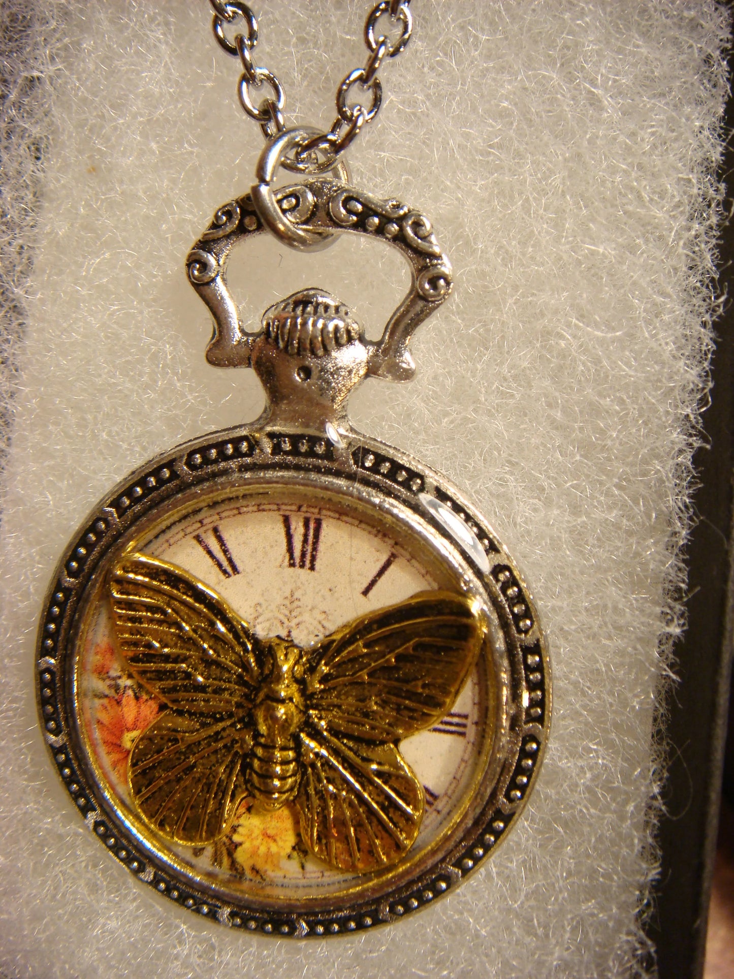 Butterfly over Floral Clock Pocket Watch Pendant Necklace