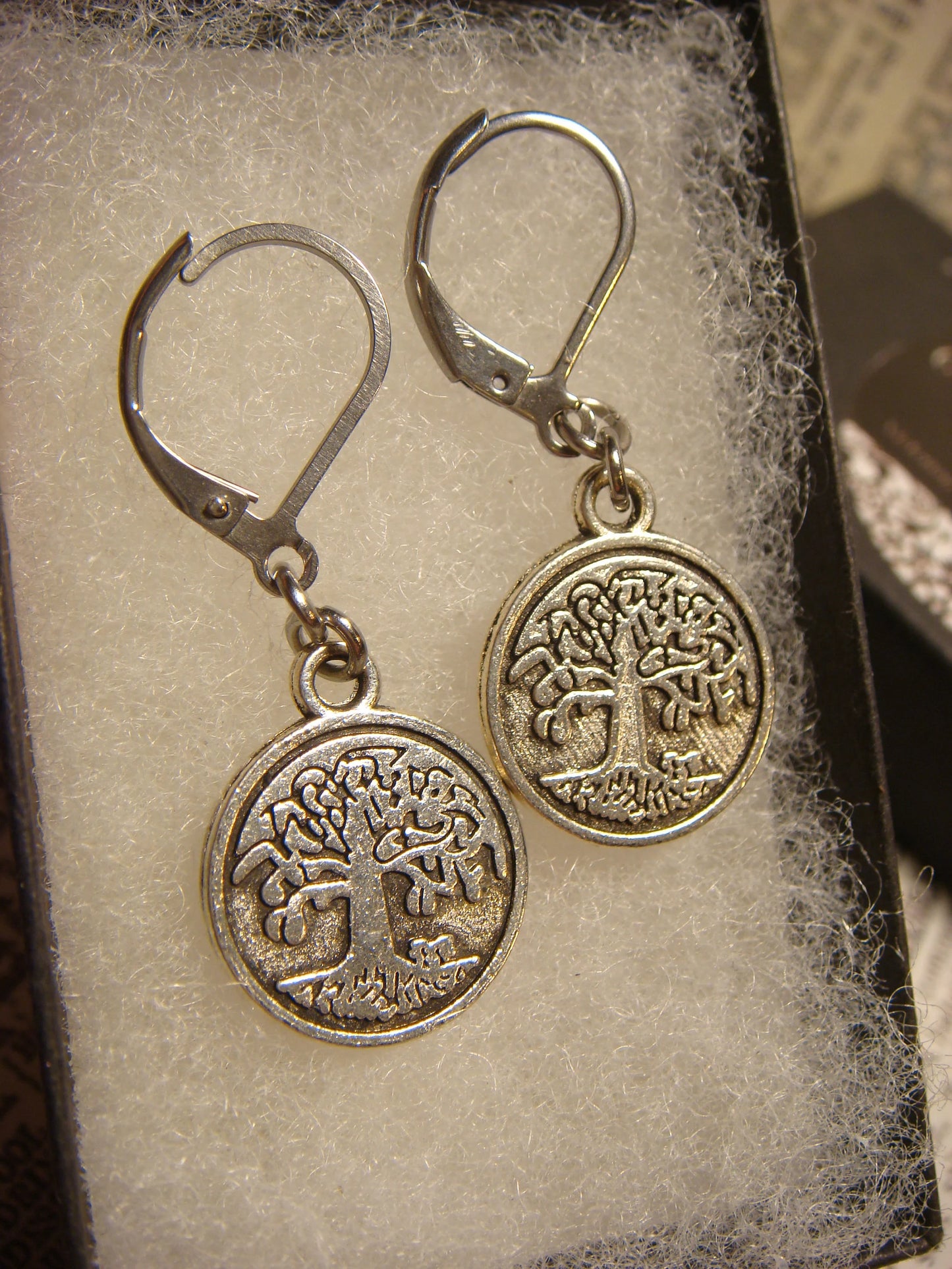 Tree of Life Charm Dangle Earrings in Antique Silver