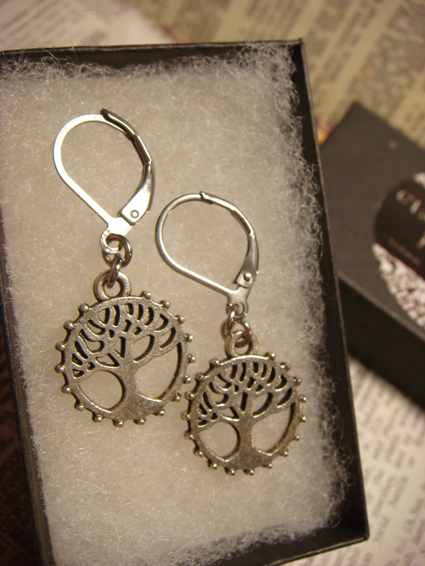 Tree of Life Cog Dangle Earrings in Antique Silver