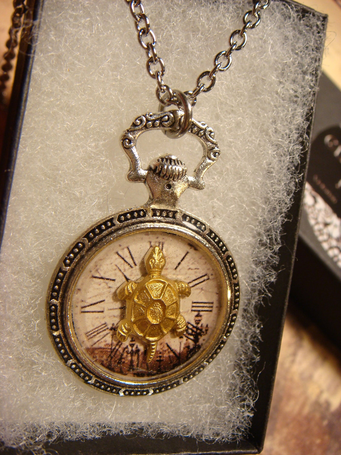 Turtle over Victorian Clock Pocket Watch Pendant Necklace
