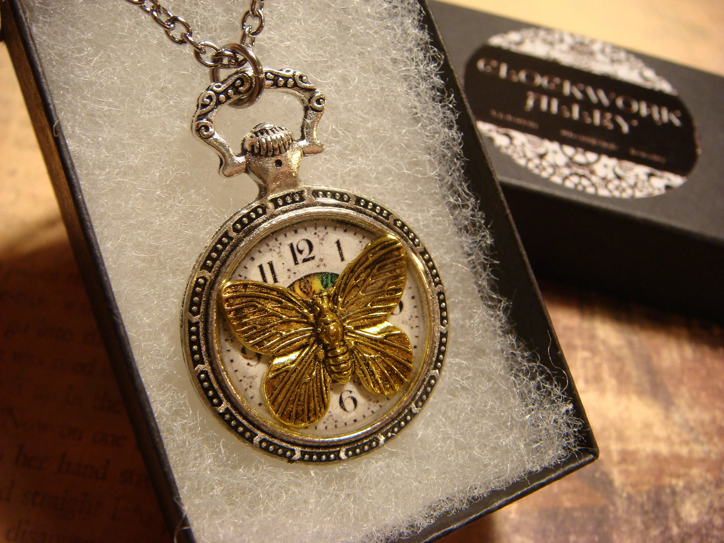 Butterfly over Clock Pocket Watch Pendant Necklace