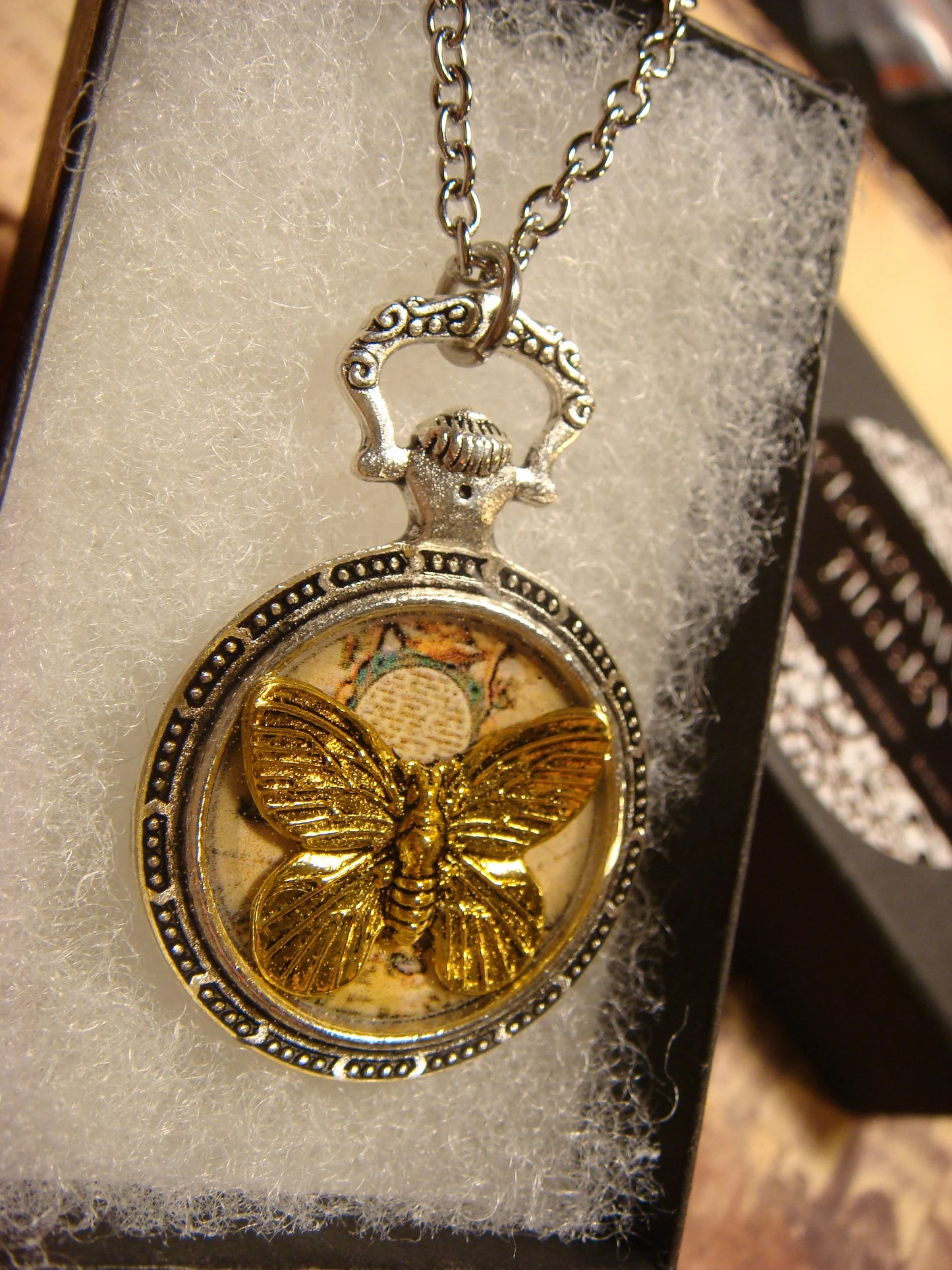 Butterfly over Map Pocket Watch Pendant Necklace