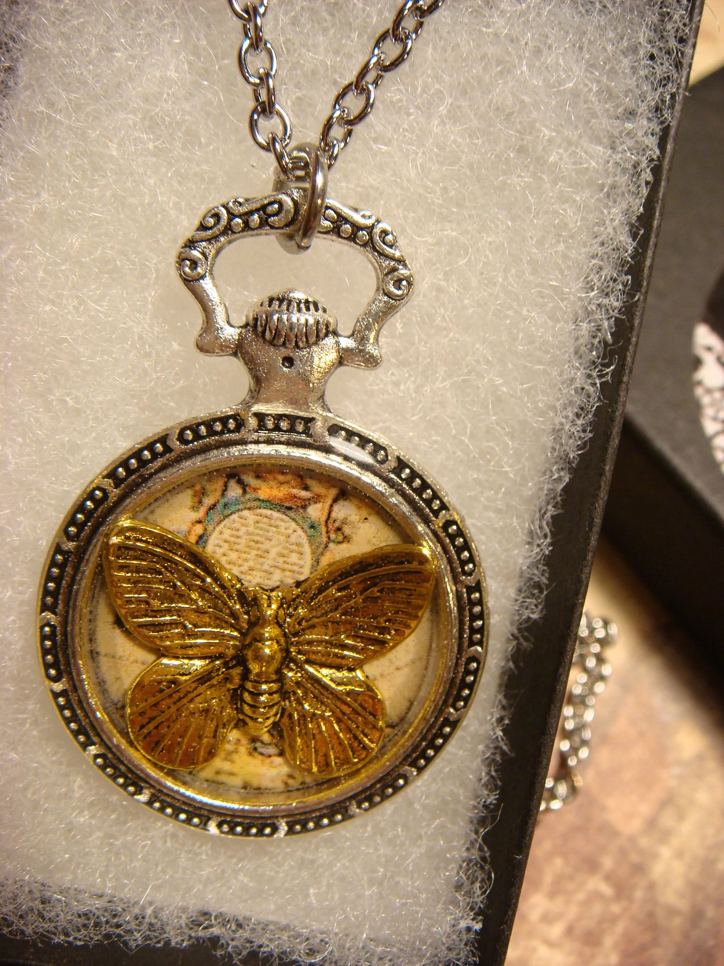 Butterfly over Map Pocket Watch Pendant Necklace