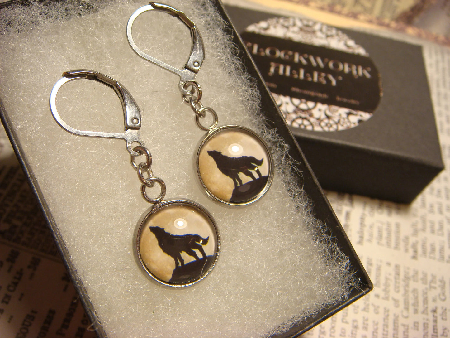 Howling Wolf Image Stainless Steel Dangle Earrings
