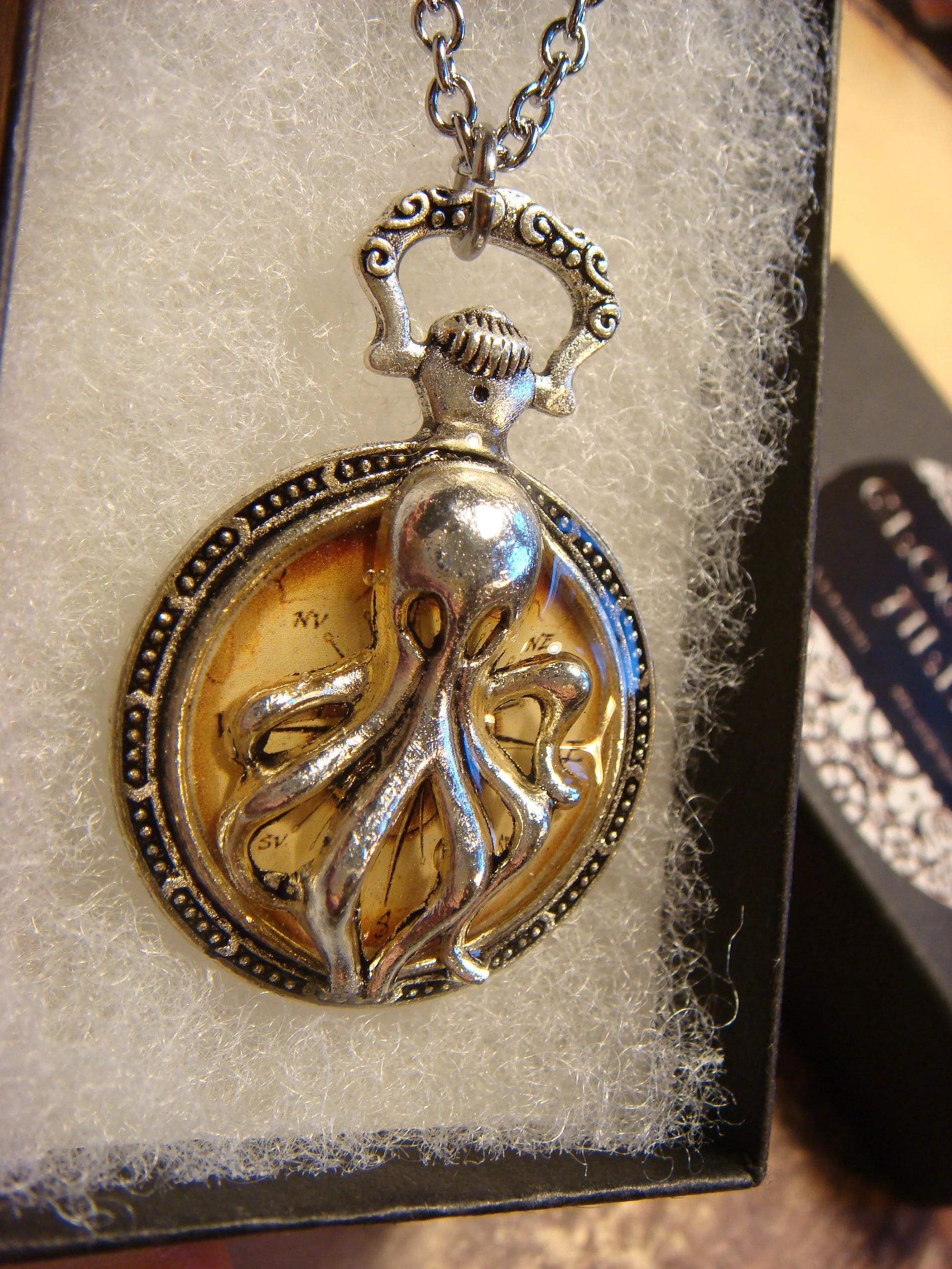 Octopus over Compass Pocket Watch Pendant Necklace Clockwork Alley