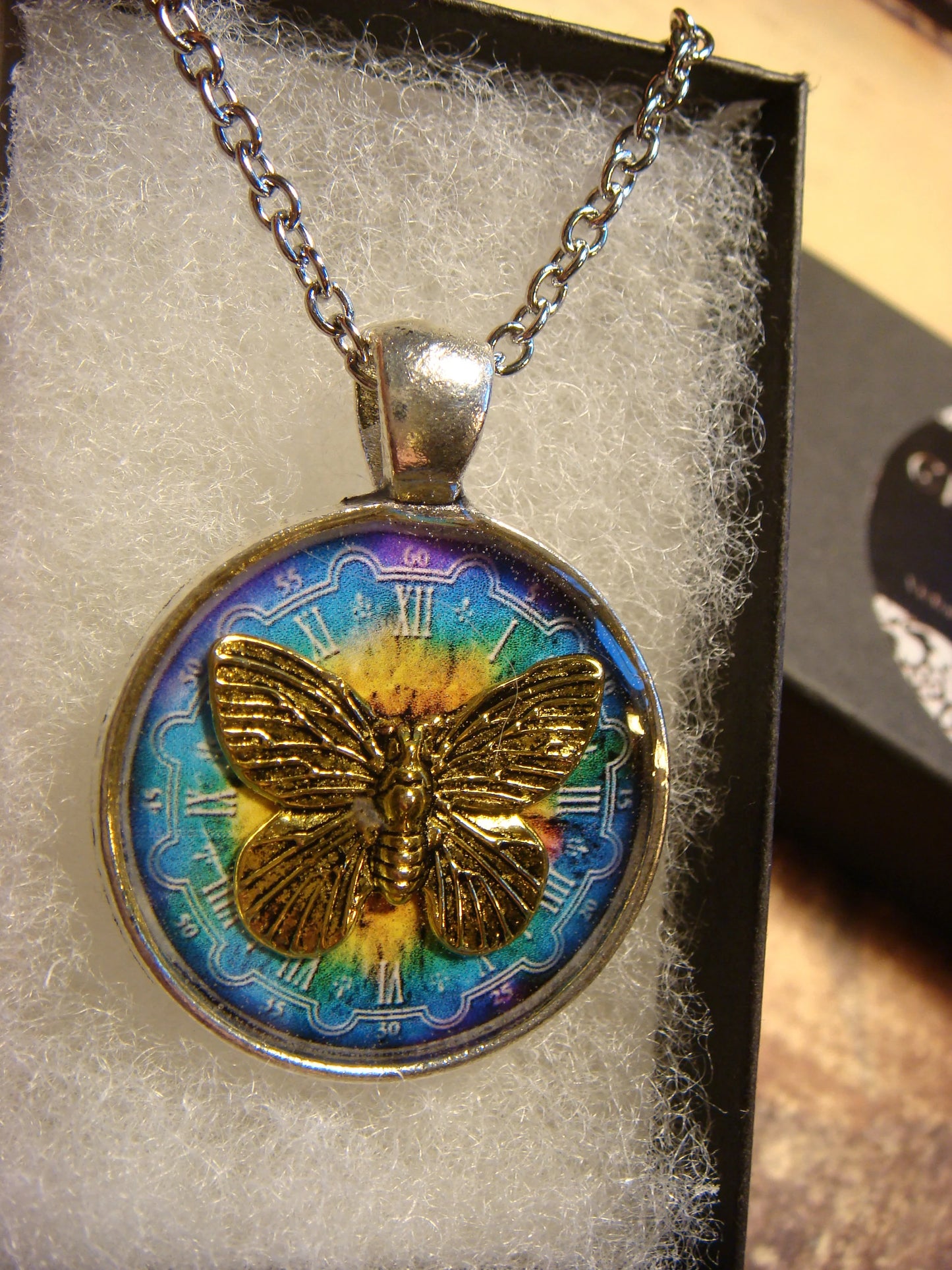 Butterfly over Colorful Clock Pendant Necklace