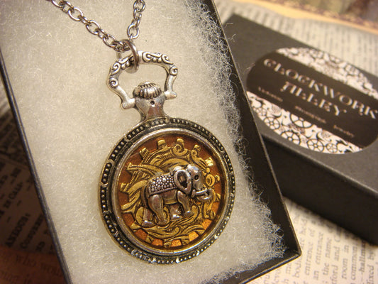 Elephant over Etched Gear Pocket Watch Pendant Necklace