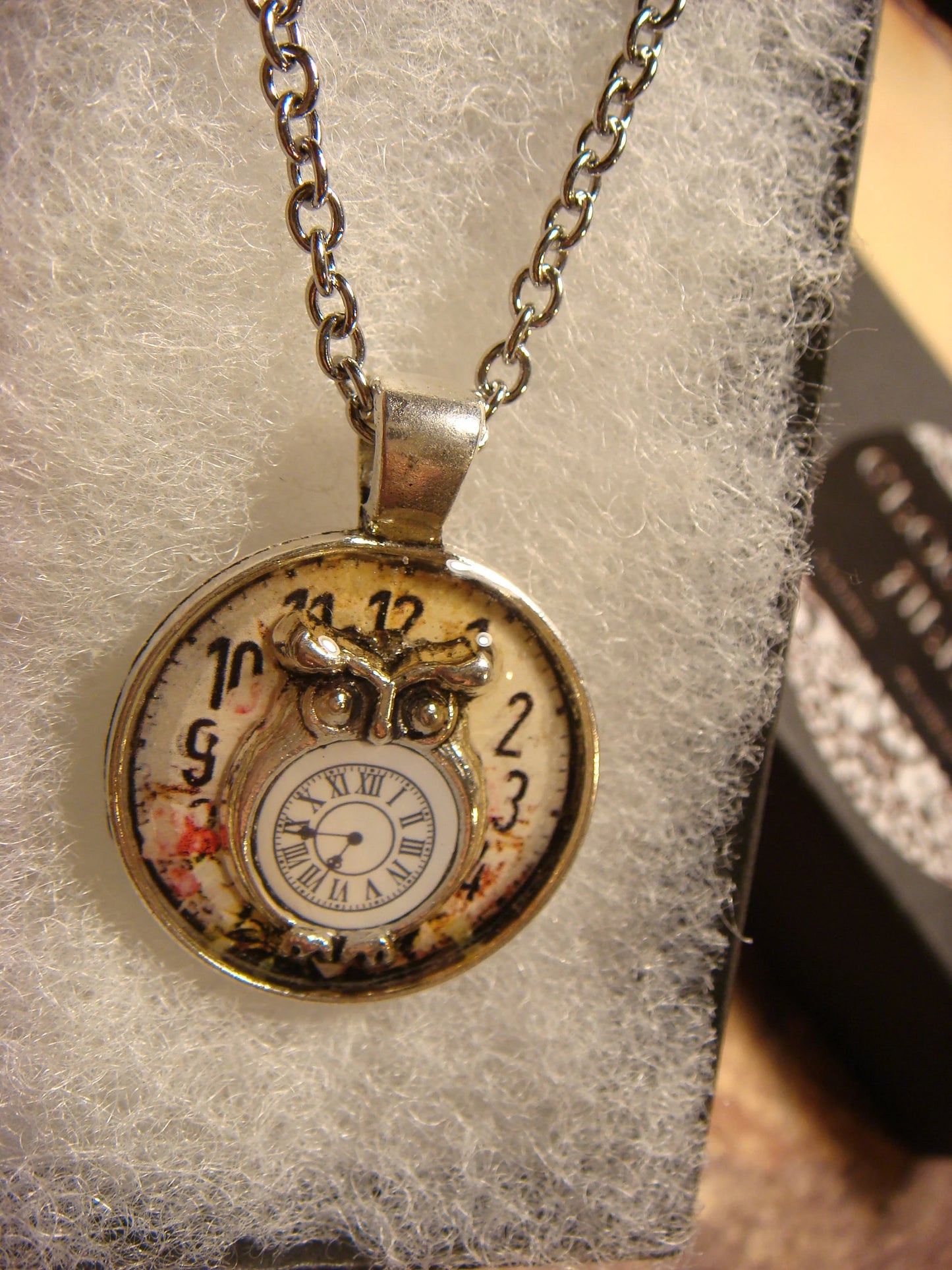 Owl with Clock over Floral Clock Small Pendant Necklace