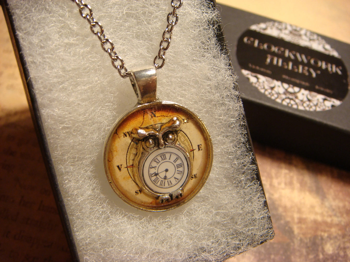 Owl with Clock over Compass Rose Small Pendant Necklace