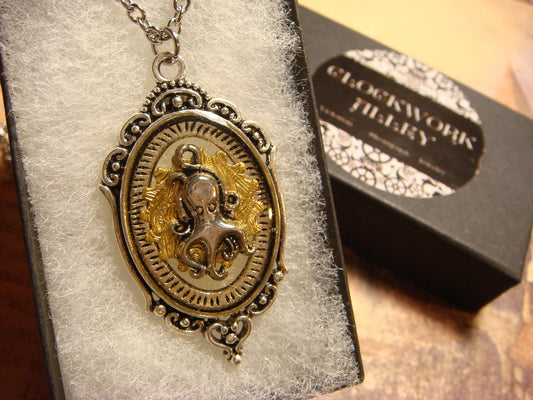 Octopus over Etched Gear in See-thru Ornate Necklace