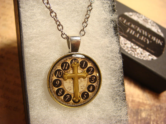 Cross over Clock Small Pendant Necklace