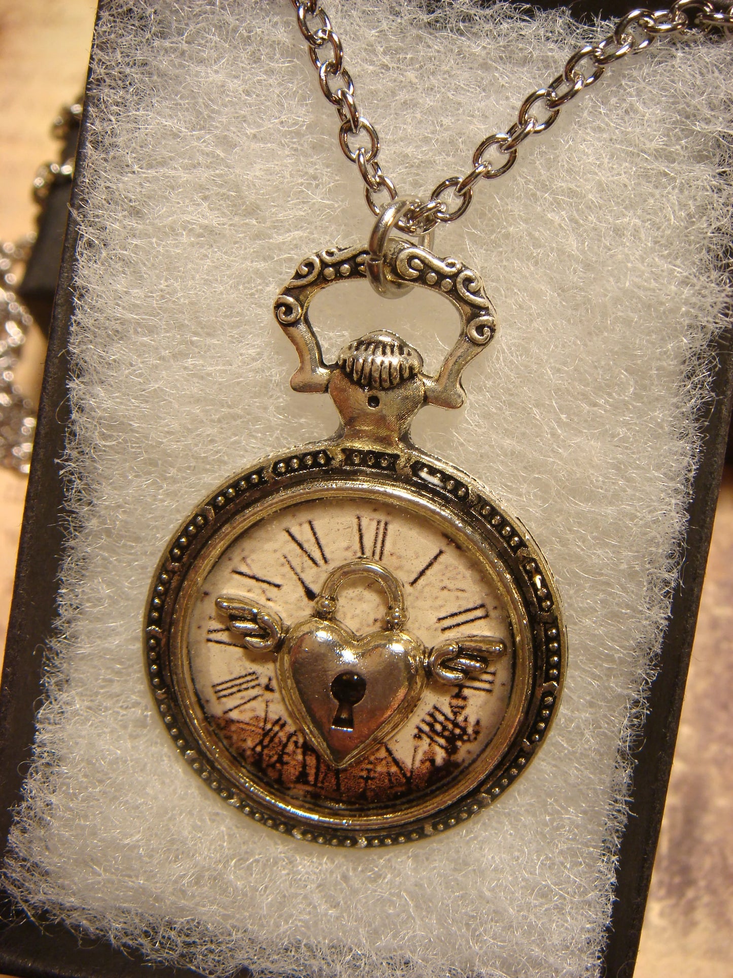 Winged Heart Lock over Victorian Clock Pocket Watch Pendant Necklace