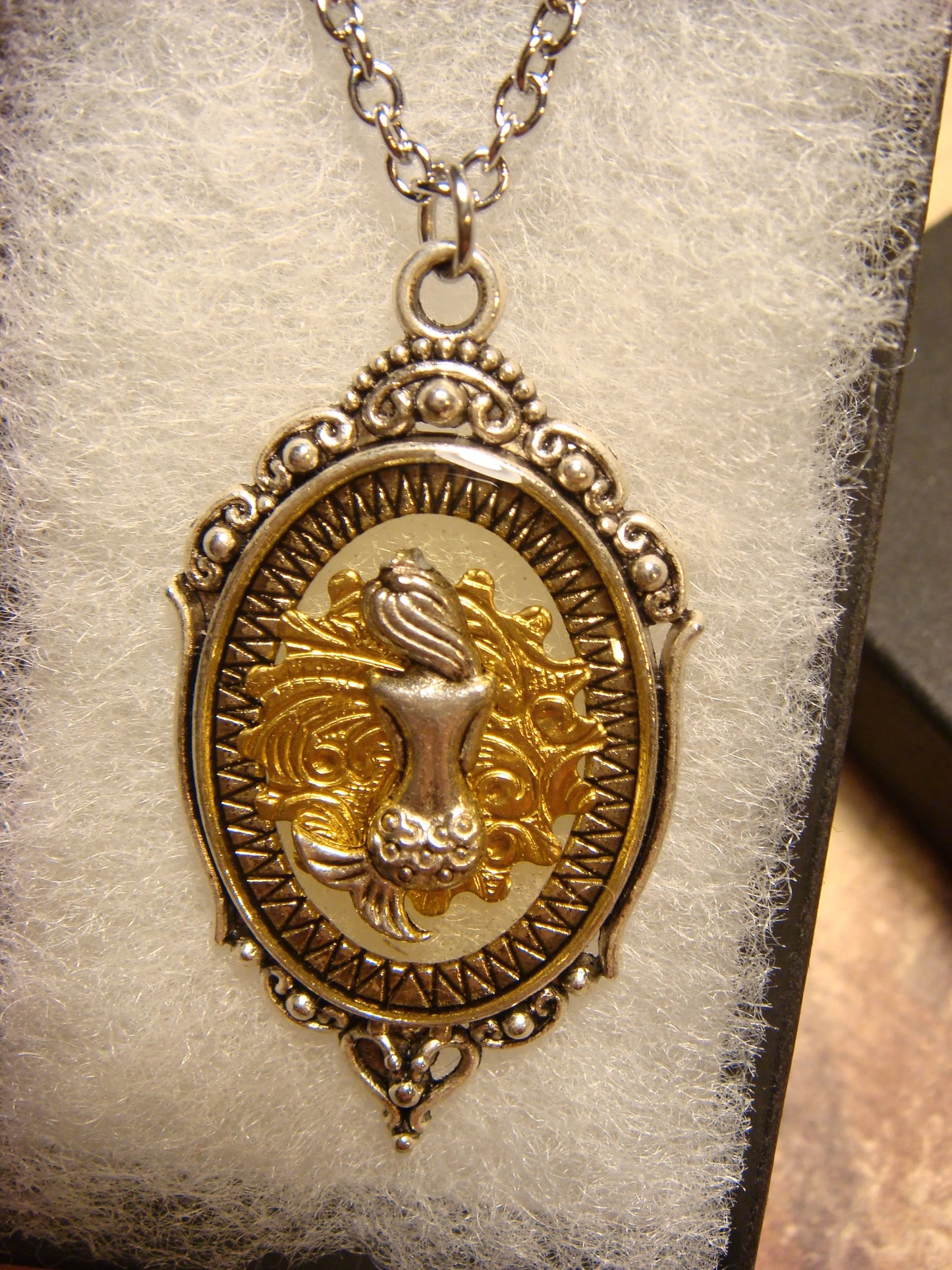 Mermaid over Etched Gear in See-thru Ornate Necklace