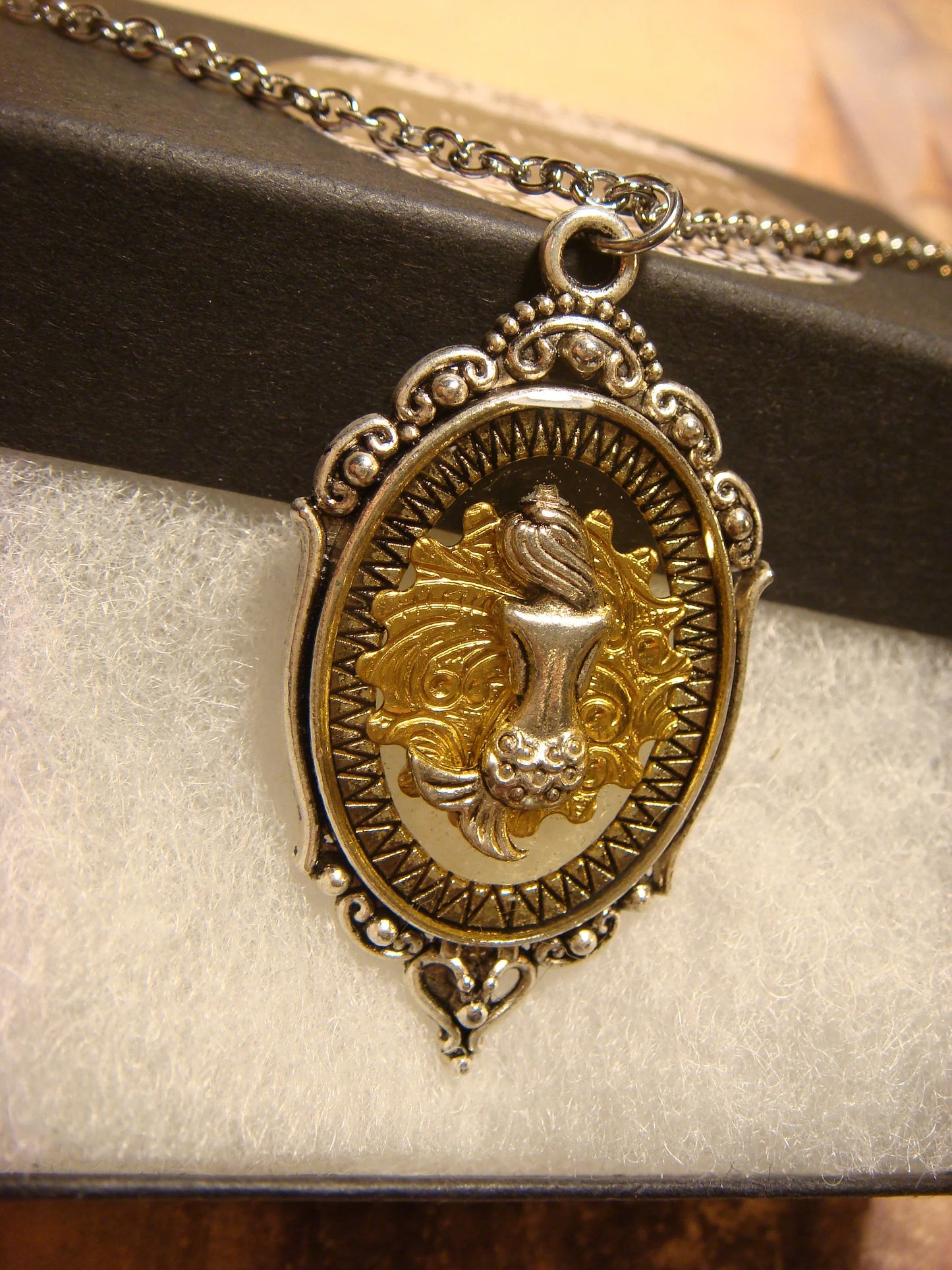 Mermaid over Etched Gear in See-thru Ornate Necklace