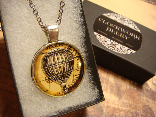 Hot Air Balloon over Map Pendant Necklace