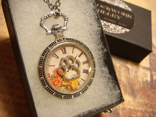 Paw over Floral Clock Pocket Watch Pendant Necklace