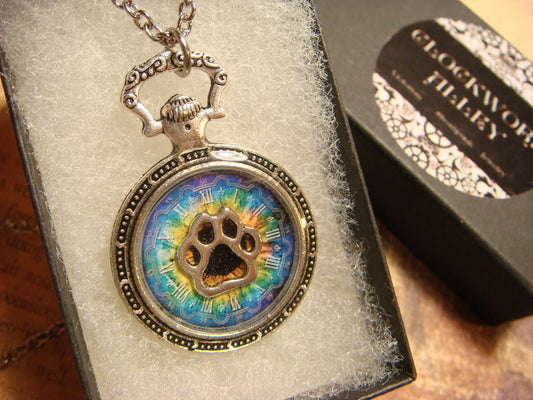 Paw over Colorful Clock Pocket Watch Pendant Necklace