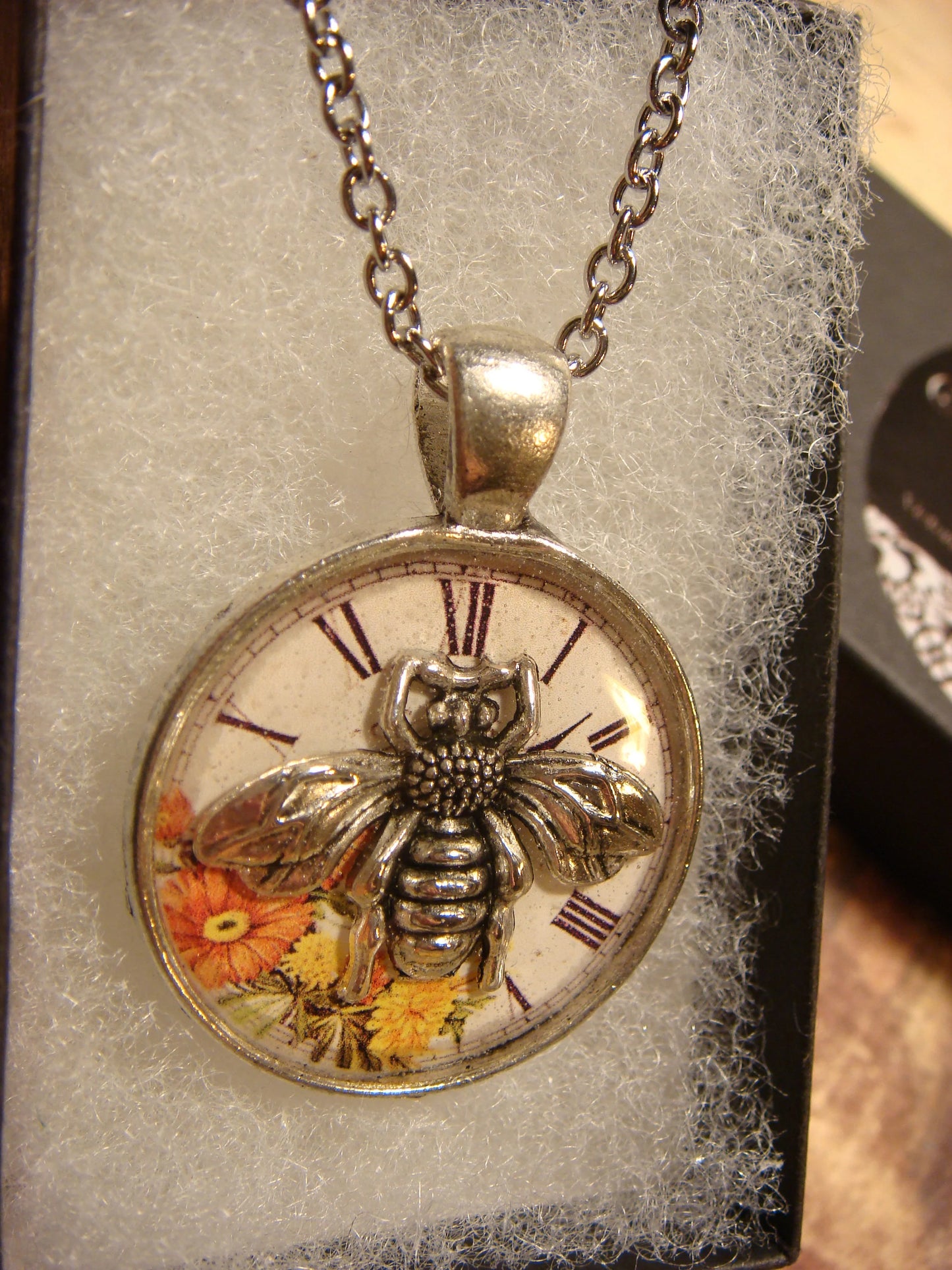 Bee over Floral Clock Pendant Necklace