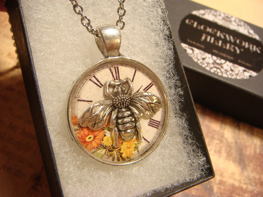 Bee over Floral Clock Pendant Necklace