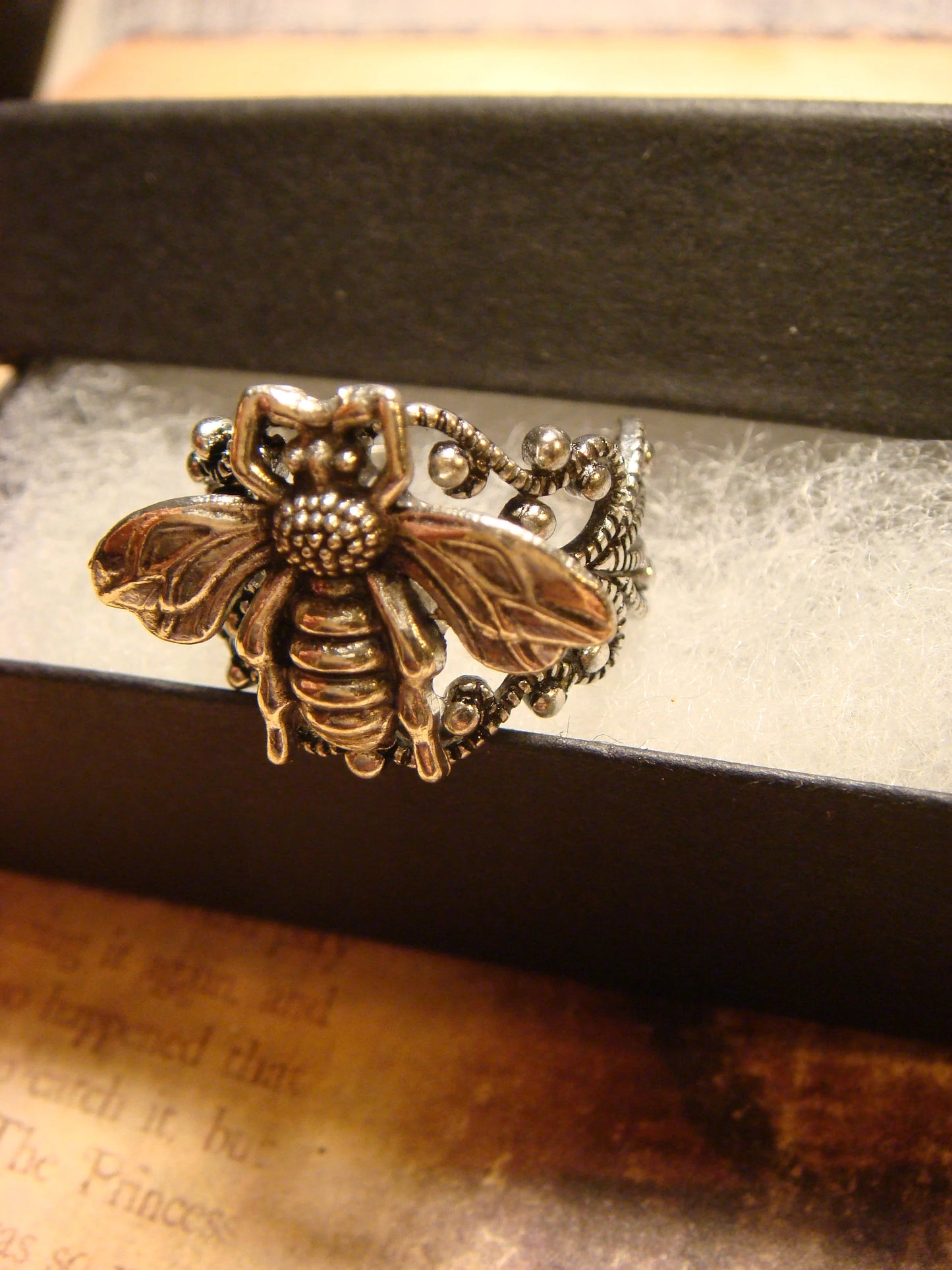 Bee Filigree Ring in Antique Silver - Adjustable