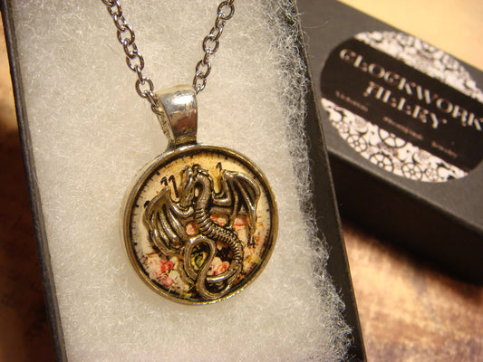 Dragon over Floral Clock Small Pendant Necklace