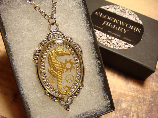 Seahorse with Gears in See-thru Ornate Necklace