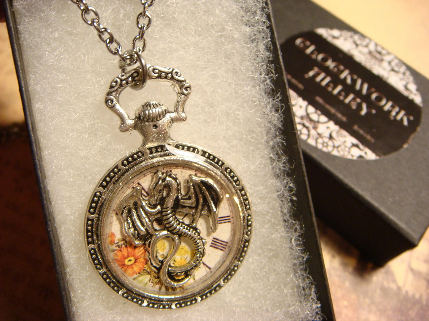 Dragon over Floral Clock Pocket Watch Pendant Necklace