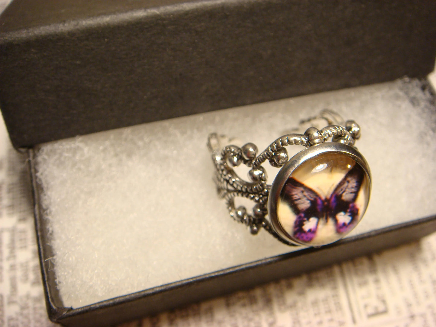 Purple Butterfly Image Filigree Ring in Antique Silver - Adjustable