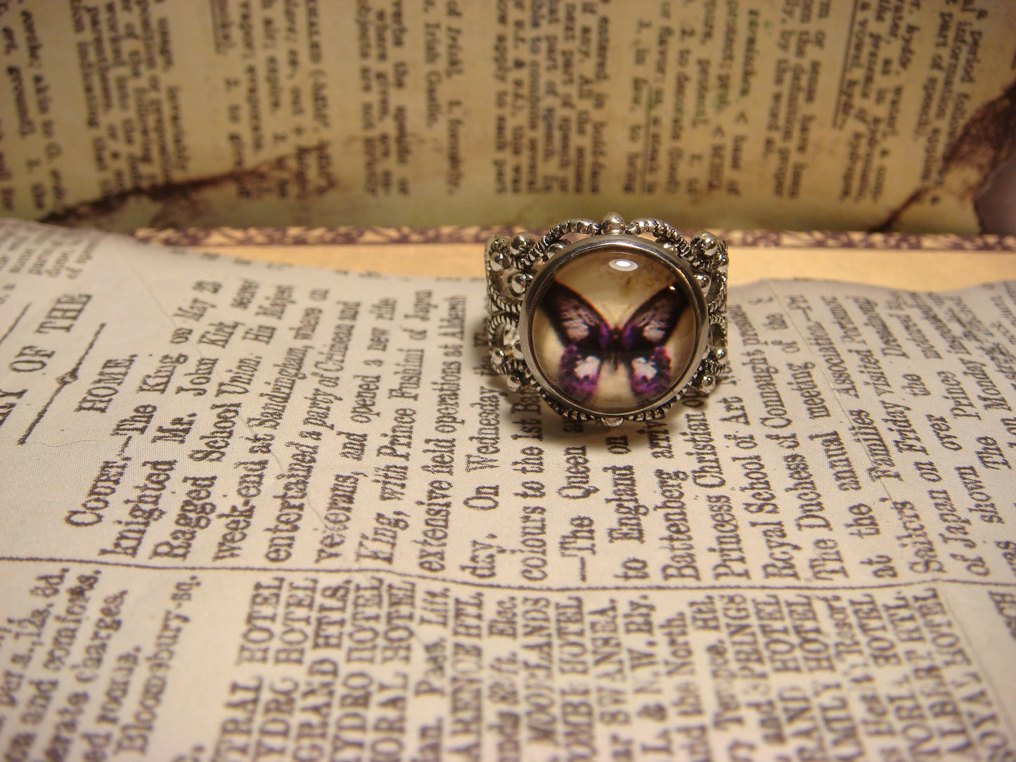 Purple Butterfly Image Filigree Ring in Antique Silver - Adjustable